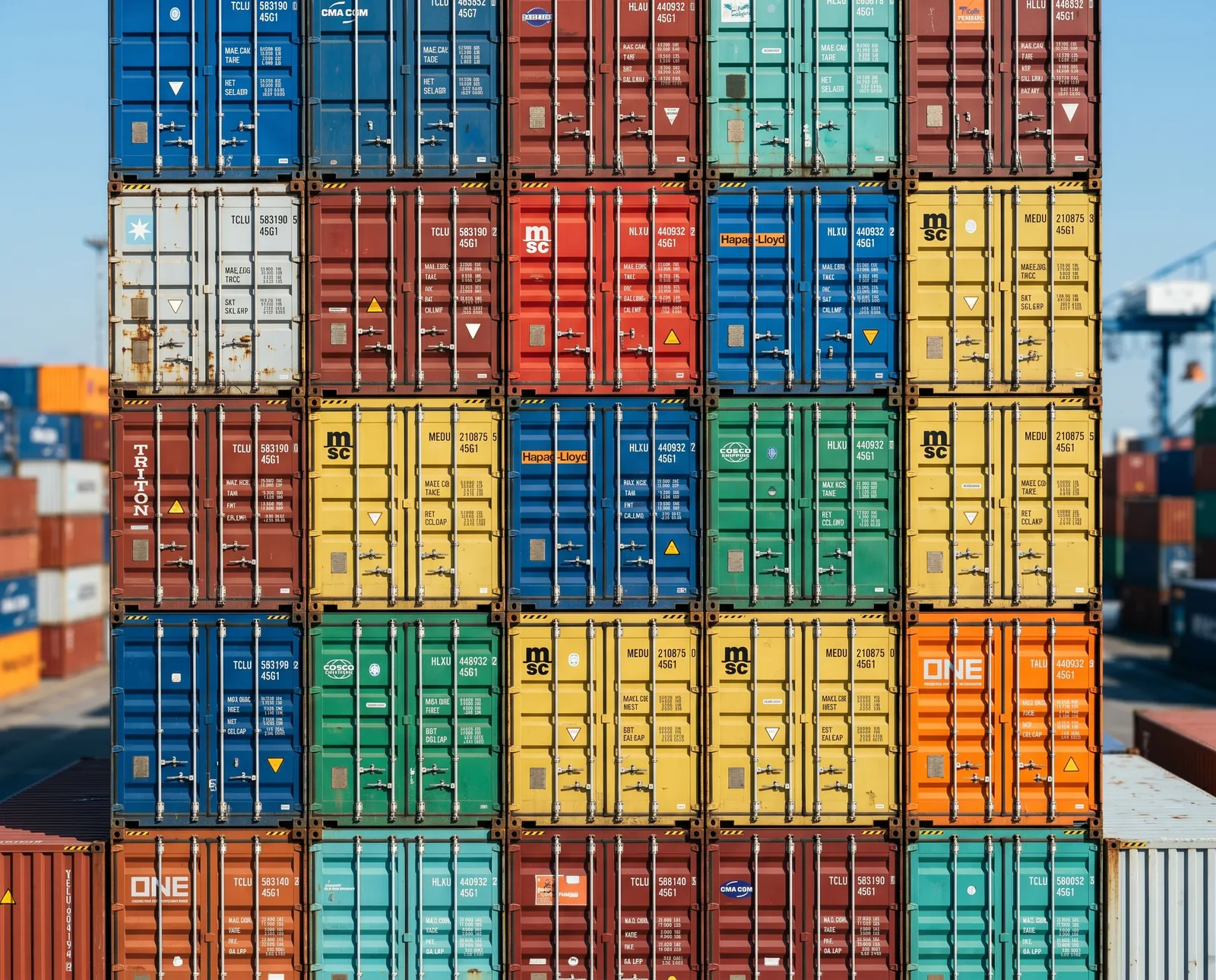 Stacked shipping containers in a variety of colours