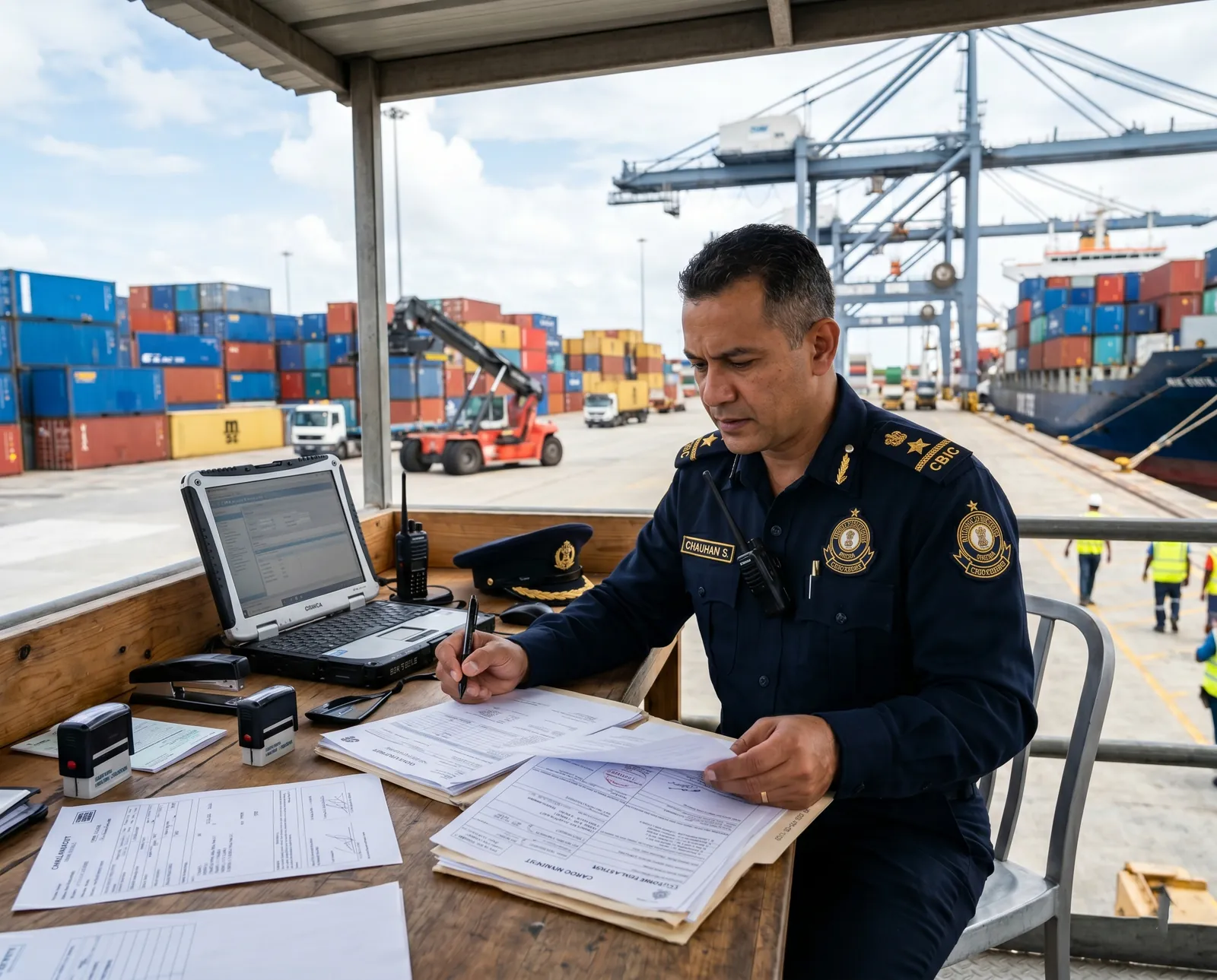 Customs officer reviewing shipping documents at a container port