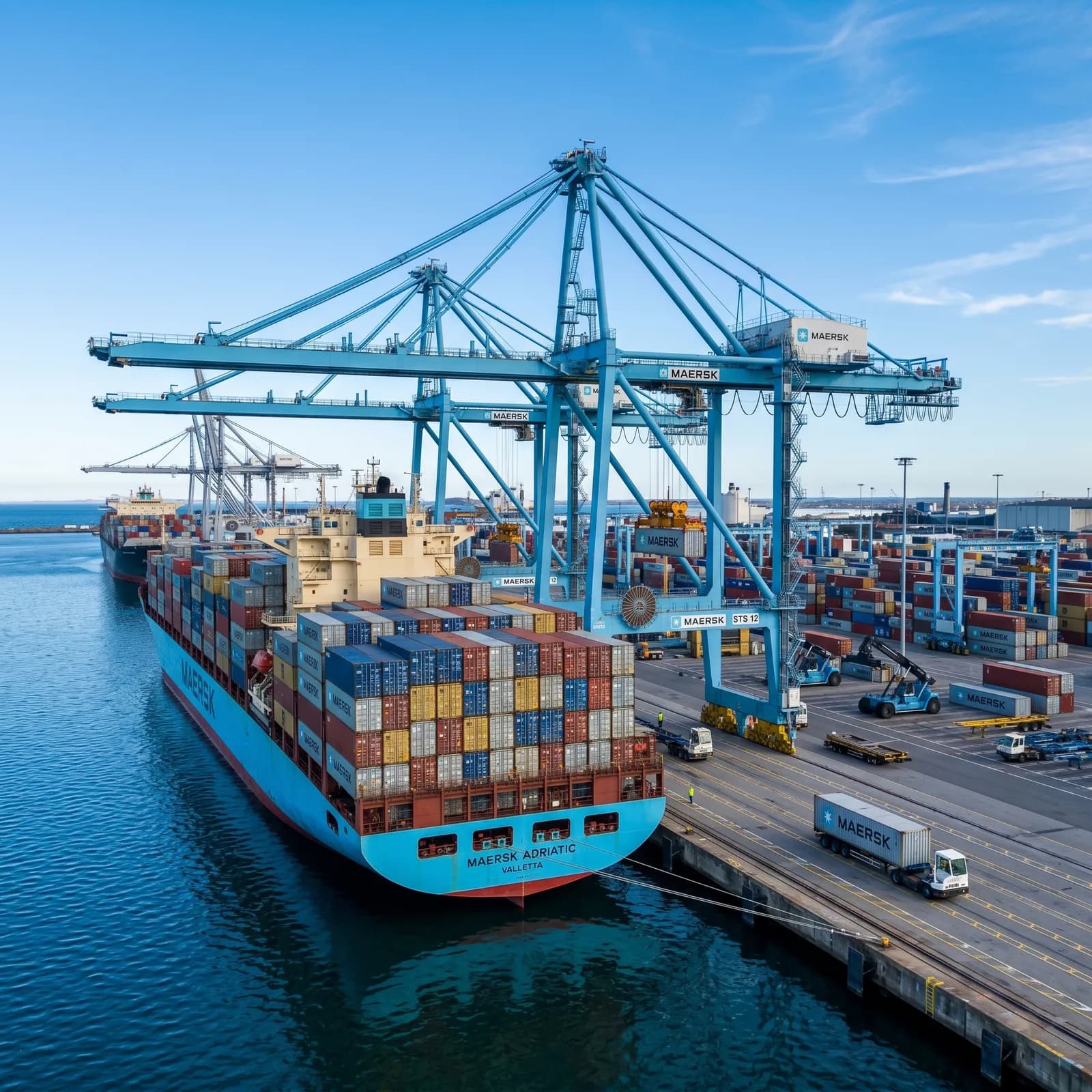 Container ship being loaded by gantry cranes at a port terminal