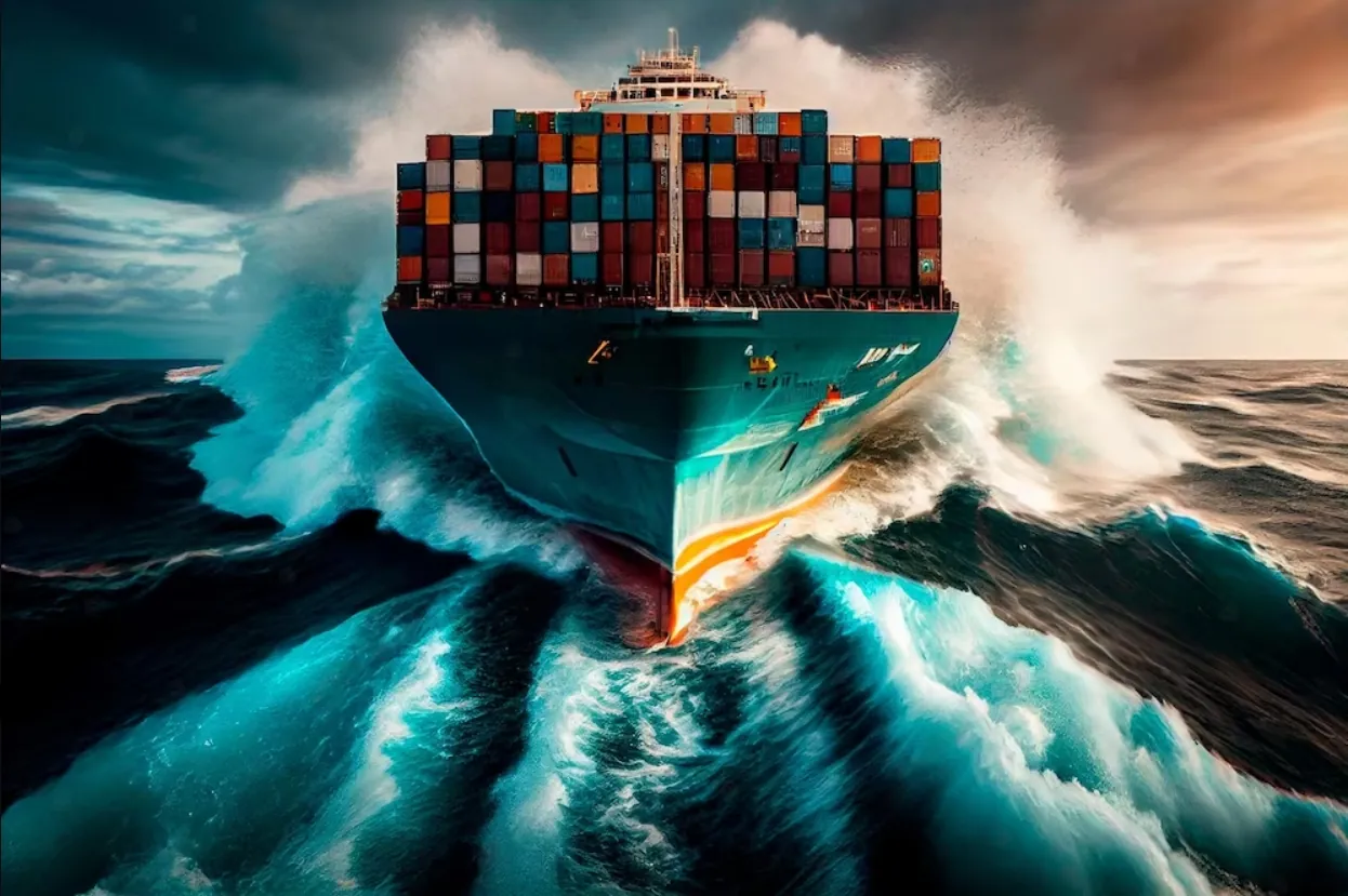 Container ship crossing heavy seas