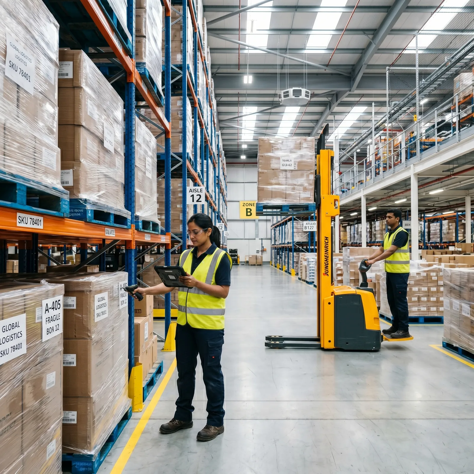 Warehouse team managing inventory with a forklift and handheld scanner
